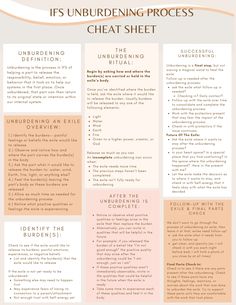 Unburdening an exile is the final step of the IFS process. This helpful cheat sheet provides an overview of the process, and a step-by-step guide through unburdening, as well as follow-up with an exile after the unburdening process is complete. Mental Burnout, Internal Family Systems, Mental Health Facts, Mental Health Therapy, Mental Health Counseling, Talk Therapy, Family Systems, Counseling Activities, Therapy Counseling