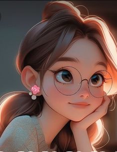 a girl with glasses and a pink flower in her hair is looking at the camera