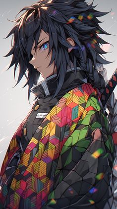 an anime character with long black hair and blue eyes wearing a colorful outfit, standing in the snow