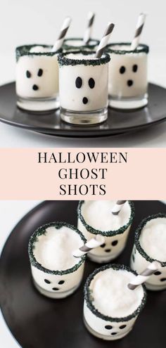 halloween ghost shots on a black plate with white and green sprinkles in them