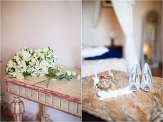 two pictures with flowers and shoes on the table