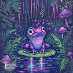 a purple frog sitting on top of a green leaf covered ground next to a pond