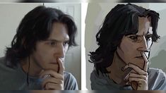 two pictures of a man with long hair, one is holding his finger to his mouth