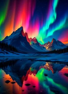 the aurora bore is reflected in water with mountains in the background and colorful lights above it