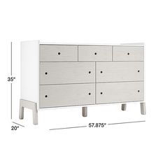 a white dresser with drawers and measurements for the top drawer, bottom drawer and bottom drawer