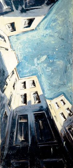 an abstract painting of buildings in the sky