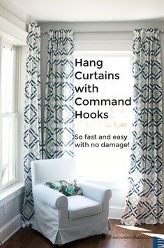 a white chair sitting in front of a window next to a book cover with the title hang curtains with command hooks so fast and easy with no damage