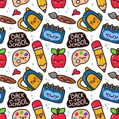 the back to school wallpaper has an apple, pencils and other items on it