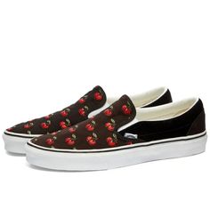 Vans Classi Slip-On Unisex Color Cherries & Black Size 4 Men's,. 5.5 Women's Canvas Uppers Elasticated Panels High Foxing Tape Vulcanised Midsole Gum Rubber Outsole Retro Black Sneakers For Summer, Velvet Vans, Vans Old Skool Low, Leather Vans, Rare Vans, Grey Vans, Skater Shoes, Red Vans, Vans Red