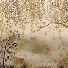 a painting of water lilies and reeds with birds on the branch in the background