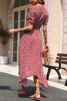 V-Neck Floral Red Long Summer Dress Size: S, M, L, XL, Size/cm Bust Waist Shoulder Length S 94 52-98 36 116 M 98 56-102 37 118 L 104 62-108 38.5 120 XL 110 68-114 40 122 Color:Same as Picture Delivery Time: 10-30 daysIf you are in urgent need of it, please contact our customer service through our live chat or email: contact@modcody.com Retro Floral Dress, Irregular Skirt, Dress Stands, High Neck Bodycon Dress, V Neck Midi Dress, Sleeve Pattern, Short Sleeve Pattern, Hem Design, Weave Style