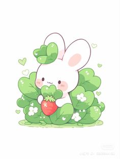 a cartoon bunny holding a carrot in its hand and sitting on some plants with hearts around it