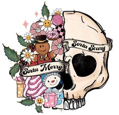 a drawing of a skull with flowers and other items on it's side, including a teddy bear