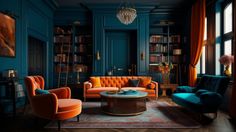 a living room with blue walls and orange furniture