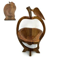 an apple shaped chair with two birds perched on it's back and the seat made out of wood