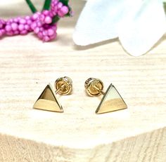 Plain Triangle Stud Earrings 14k Solid Yellow Gold * Earring Measurement: 6mm x 6mm * Post Length: 8mm * Post Thickness: 0.65mm / 22 Gauge * Closure: Screw Back * Solid 14K Yellow Gold * Sold in Pairs Processing and Shipping Details Ready to ship within 1-2 business days. USPS First Class mail is used for standard shipping. A tracking number is provided via email when the package is shipped. Faster shipping option is available.  Maintenance  Cleaning/Polishing - It is recommended to use a jewelry polishing cloth to clean gold jewelry.  It is also recommended to use jewelry cleaning solution every few months. Care - Avoid contact with strong chemicals, household cleaning products, strong personal care products (lotion, perfume, sanitizer).  Returns and Exchanges There is a 15% restocking fe Modern Tiny Earrings For Gift, Tiny Modern Earrings For Gift, Tiny Modern Gold Earrings, Tiny Modern 14k Gold Earrings, Triangle Yellow Gold Earrings For Gift, Clean Gold Jewelry, Jewelry Cleaning, Triangle Earrings Stud, Jewelry Cleaning Solution