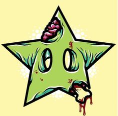 a green star with two eyes and a nose sticking out of it's mouth