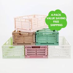 four different colored crates with the text 4 pack value saving free shipping on each crate