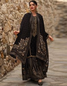 Trendy Designer Party Wear Salwar Suit Black Viscose Georgette Satin Pant Straight Front View Black Salwar Suit, Black Salwar Kameez, Function Dress, Party Wear Salwar, Satin Pant, Sharara Suit, Salwar Kameez Online, Ethnic Outfits, Satin Pants