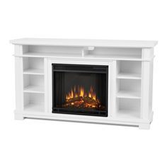 a white entertainment center with an electric fireplace