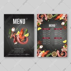 a restaurant menu with seafood and vegetables