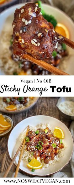 an image of sticky orange tofu with chopsticks and rice on the side