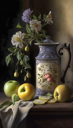 a painting of apples, lemons and flowers in a vase on a table with a cloth