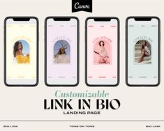 three iphones with the text, customizable link in bio landing page