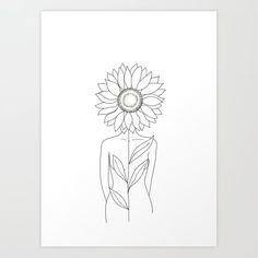 a black and white drawing of a woman with a large sunflower on her head