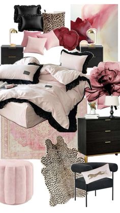 a bedroom with pink and black accents, leopard print rugs, bedding and pillows