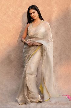 White Tissue Saree, Golden Tissue Saree, Gold Tissue Saree, Gold Jhumkas, Malavika Mohanan, Black Lehenga, Cute White Dress, Tissue Saree, Saree Models