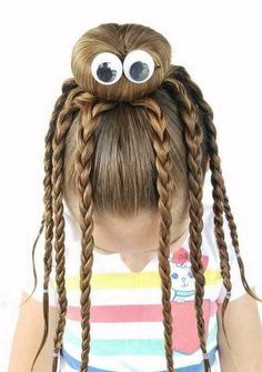 Girls School Hairstyles, Easy Hairstyles For School, Crazy Hair Day, Googly Eyes, Cornrow