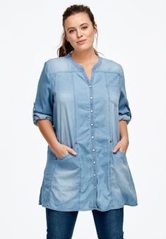 Ready in a snap! Our effortless denim tunic is a no brainer, it's the perfect piece for a denim-on-denim look.  Style it with the 3/4 sleeves rolled up Ladies Blouses, Denim On Denim Looks, Bedroom Cupboard, Tunics Online, Denim Tunic, Princess Seams, Woven Top, Denim Top, Plus Size Tops