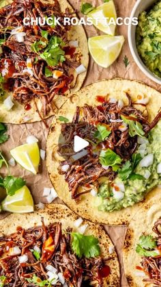 pulled pork tacos with guacamole and cilantro salsa on the side