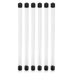 four clear plastic tubes with black caps on each end and one white tube in the middle