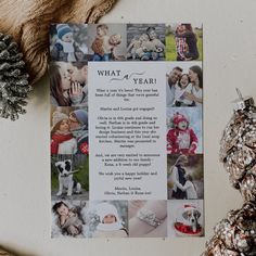 a christmas card with pictures of people and animals on it, next to pine cones