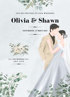 a wedding card with an illustration of a bride and groom in front of greenery