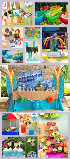 a collage of pictures with different foods and drinks on it's tablecloths