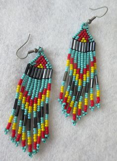 Fringe Earrings of #11 Glass Seed Beads 3" Long 3/4" wide of, Black Bugle, Turquoise, Red, and Yellow, Trilal, Boho, Southwestern, Artisan Southwestern Multicolor Fringe Earrings, Southwestern Black Beaded Dangle Earrings, Southwestern Style Black Earrings With Colorful Beads, Handmade Black Southwestern Beaded Earrings, Handmade Southwestern Black Beaded Earrings, Southwestern Black Beaded Earrings For Festivals, Southwestern Black Festival Earrings, Fringe Fashion, Seed Bead Patterns