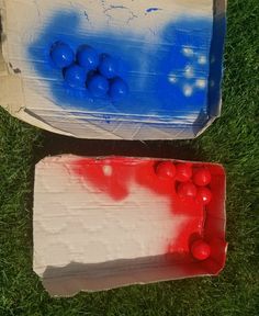 two pieces of cardboard with red, white and blue paint on them sitting in the grass