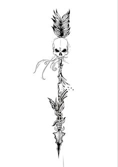 a black and white drawing of a skull with feathers on it