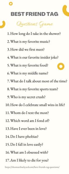 150 Interesting Best Friend Tag Questions for Your BFF #quiz #quizzes #buzzfeed #triviaquestionsandanswers #quizzesbuzzfeed #bestfriendquiz #bffquiz Friendship Tag Questions, Question For Your Best Friend, Funny Question For Friends, Bff Questions Game, Some Questions To Ask Your Friend, Questions To Test Your Best Friend, Best Friends Test Quiz, Friends Test Questions, Bff Games Questions