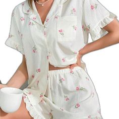 Feminine Relaxed Fit Sleepwear, White Feminine Sleepwear With Relaxed Fit, Feminine White Sets For Sleepover, Feminine Summer Sleepwear, Feminine Summer Sleepover Sets, Spring Sleepover Sets With Ruffles, Cute Ruffled Sleepwear For Spring, Spring Ruffled Pajamas For Pajama Party, Feminine White Ruffled Sleepwear