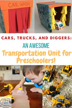 Pictures of a boy playing with trucks and a homemade pretend carwash. The text reads " Cars, Trucks, and Diggers: An Awesome Transportation Unit for Preschoolers!" Transportation Ideas For Preschool, Vehicle Theme Preschool Activities, Transportation Theme For Preschool, Transportation Theme Preschool Science, Transportation Pre K Activities, Wheels Theme Preschool, Signs Preschool Activities, Transportation Unit Preschool, Vehicle Activities For Preschool