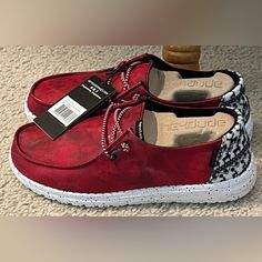 Brand New Hey Dude Shoes Wendy Dancer On Prancer Womens Size 7. Red Slip-on Sneakers With Speckled Midsole, Red Speckled Midsole Slip-on Sneakers, Dude Shoes Women, Hey Dude Shoes Women, Shoes List, Blue Loafers, Hey Dude Shoes, Womens Tweed, Striped Shoes