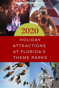 the top attractions at florida's theme parks are featured in this postcard with text that reads, 2020 holiday attractions at florida's theme parks