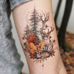 Single Needle Tattoo Flash Pack Autumnal Tattoo Sleeve, Woodland Tattoos For Women, Fox Nature Tattoo, Autumn Fox Tattoo, Fox And Flowers Tattoo Sleeve, Vertical Tattoo, Private Tattoos, Autumn Tattoo, Single Needle Tattoo