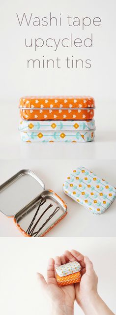 a hand holding an orange and white object with the words washi tape upcycled mini tins