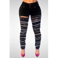 Holey Jeans, Jeans With Chains, Cut Out Jeans, Denim Print, Lace Blouse Long Sleeve, Cheap Shoes Online, Black Ripped Jeans, Denim Patterns, Long Sleeve Tops Casual