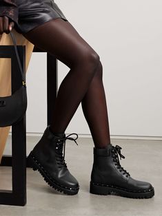 VALENTINO GARAVANI Rockstud embellished leather ankle boots Studded Leather Combat Boots, Cinch Bag, Moon Boot, Valentino Garavani Shoes, Shoes Boots Ankle, Fall Shopping, Ski Wear, Elegant Outfit, Manolo Blahnik